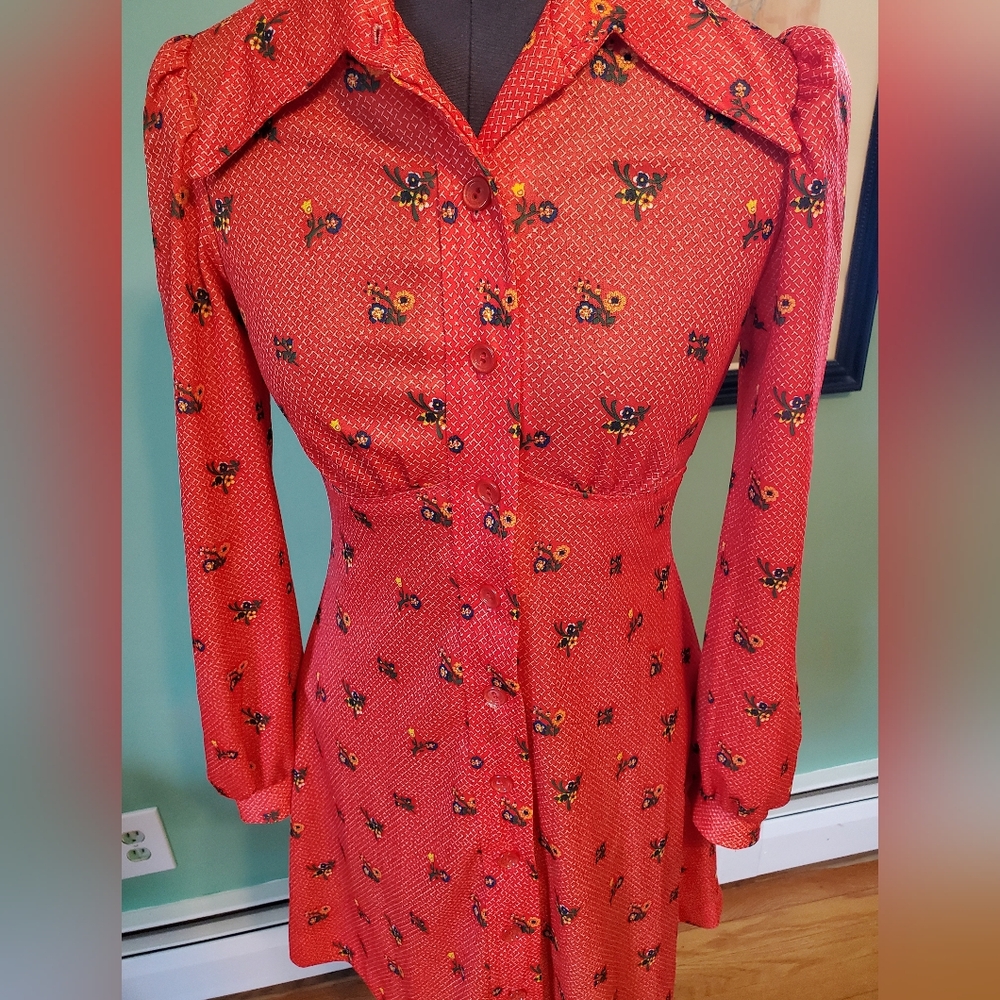 Vintage 70s Floral Red Button-Up Dress